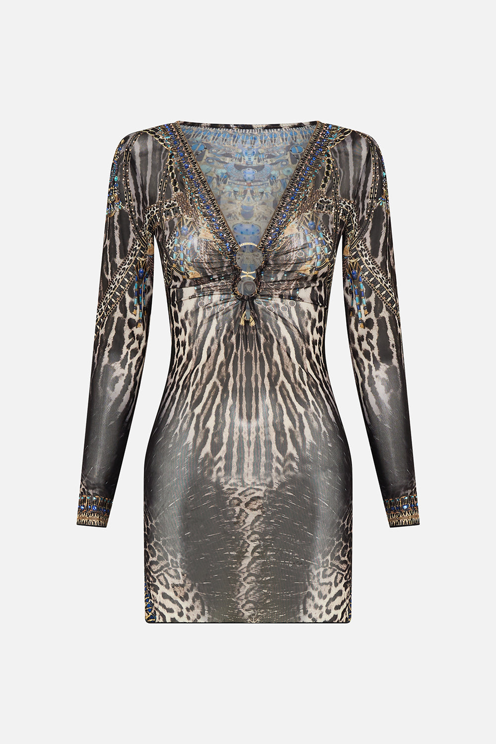 CAMILLA V-Neck Ring Front Cover-Up Dress in Cat Worship print.