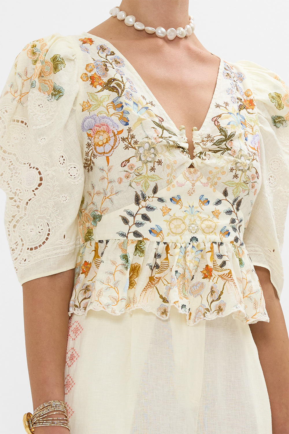 CAMILLA Puff Sleeve Top with Hardware in Honour of Heirlooms print