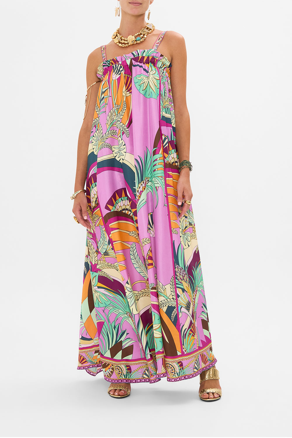 CAMILLA Wide Strap Sundress in Giza Goddess print. 