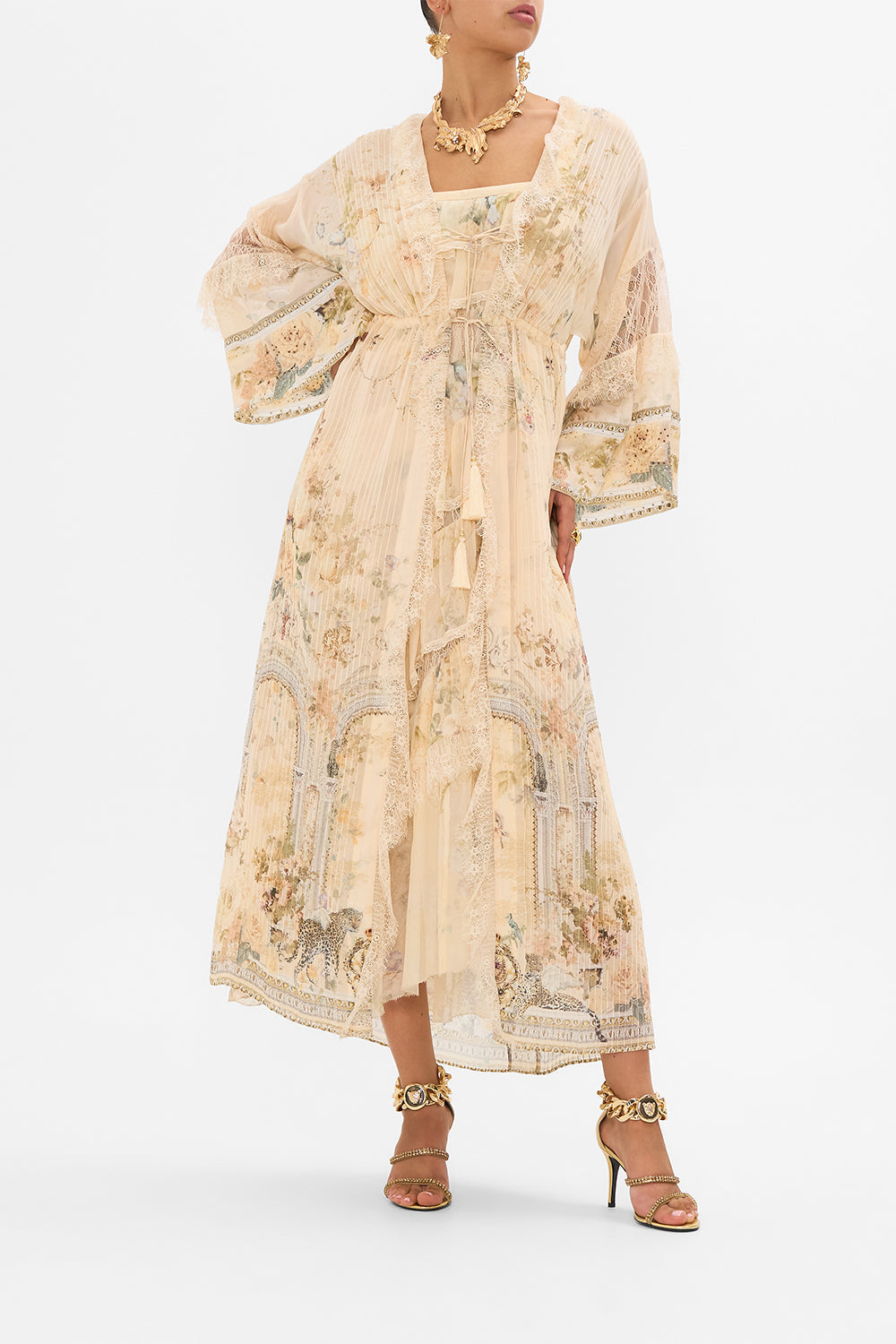 CAMILLA floral pintuck layer with lace detail in Adorned in Antiquity print. 