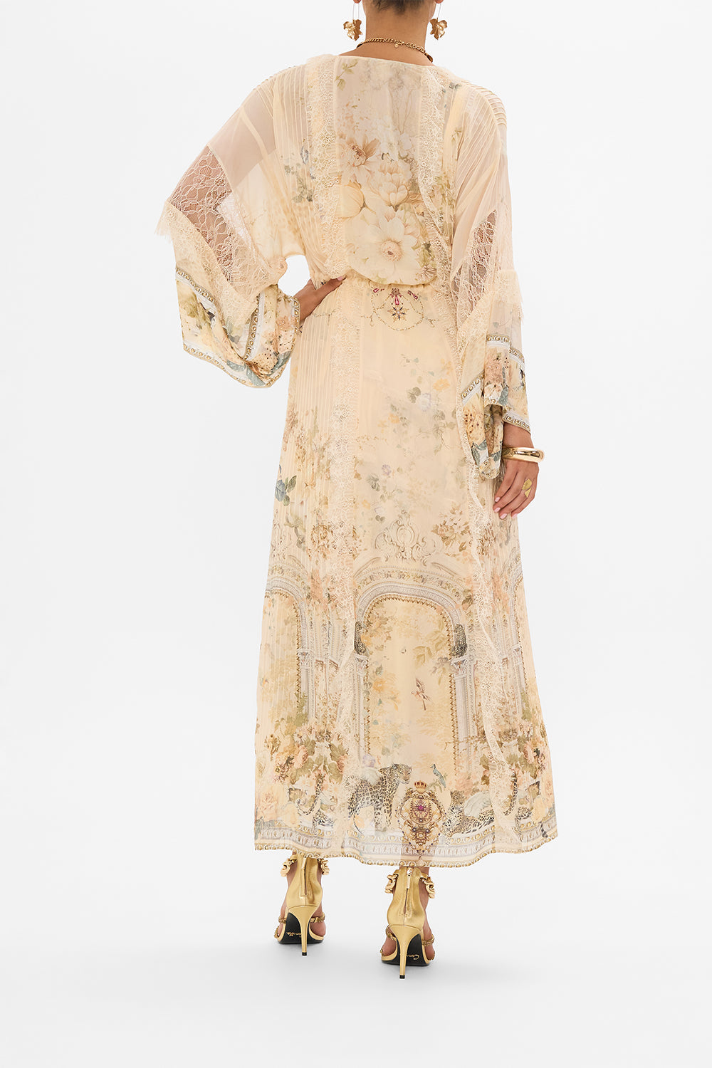 CAMILLA floral pintuck layer with lace detail in Adorned in Antiquity print. 