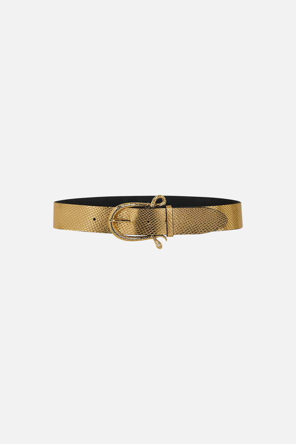 CAMILLA Snake Buckle Belt in Gold print. 