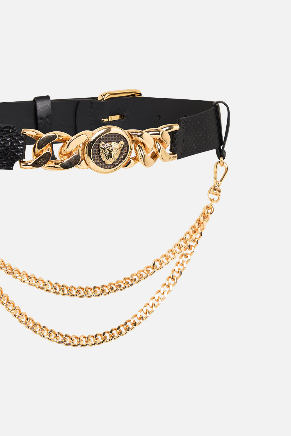 CAMILLA Leopard button belt with chain in Solid  Black print