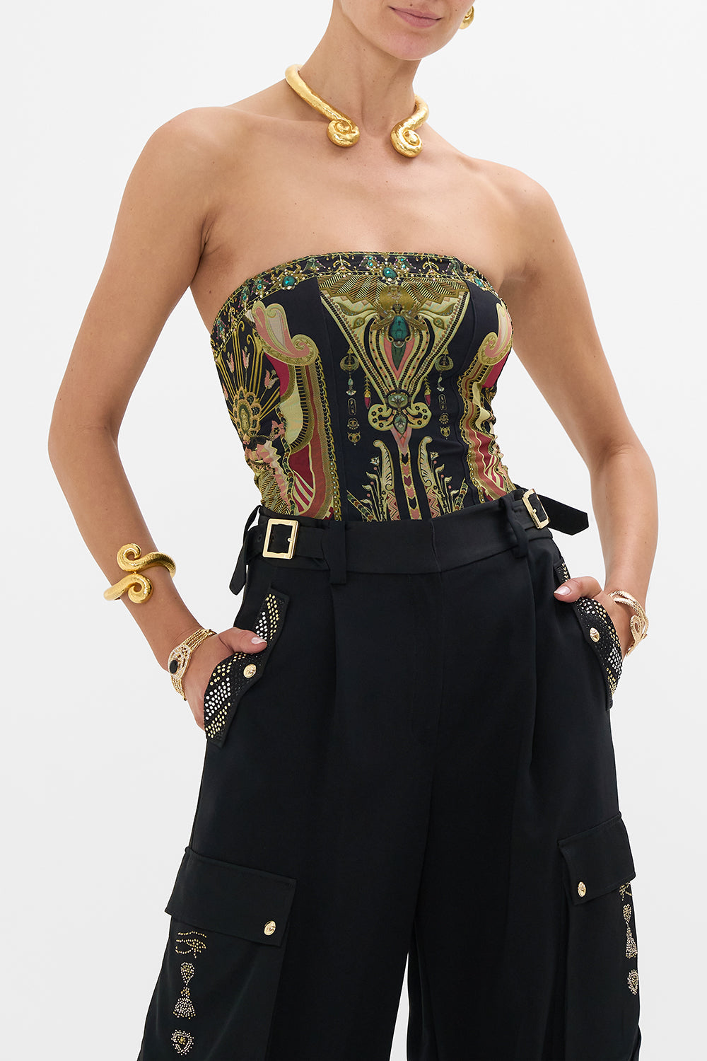 CAMILLA Bandeau Bodysuit in They Called Her Nefertari print.