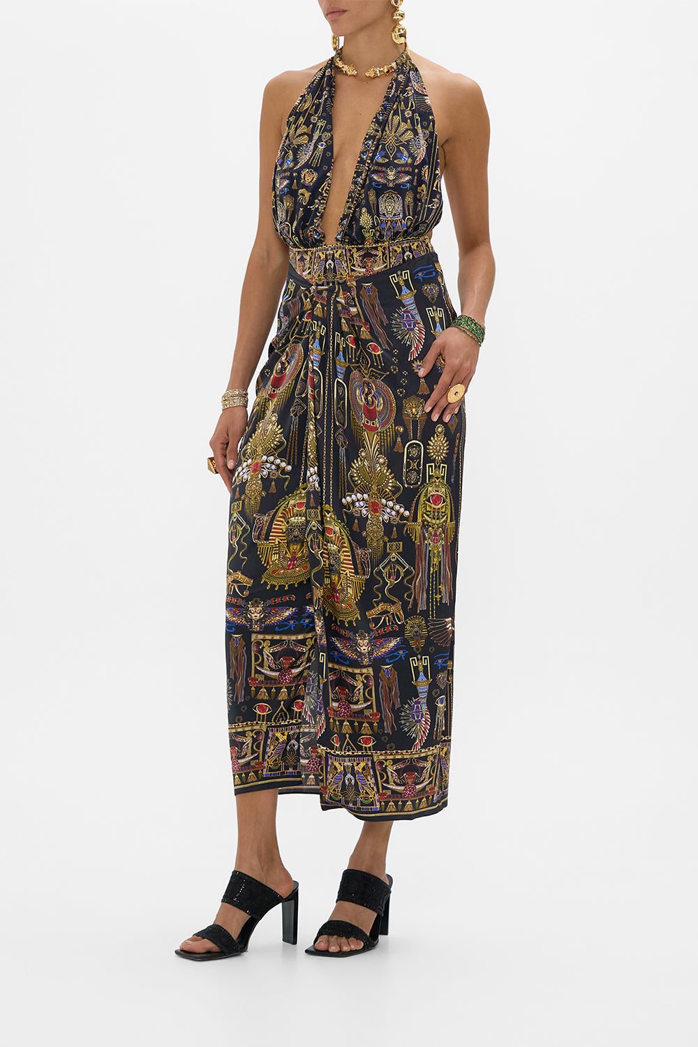 CAMILLA Plunge Bodysuit With Neck Trim in Cartouche Kingdom print. 