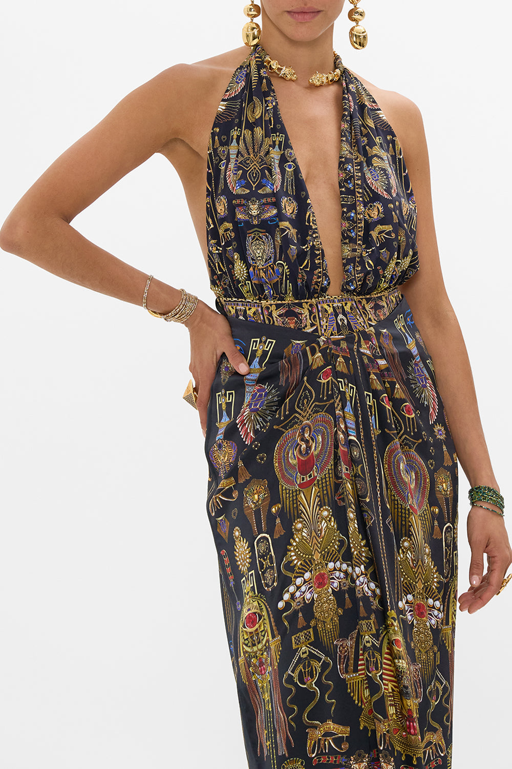 CAMILLA Plunge Bodysuit With Neck Trim in Cartouche Kingdom print. 