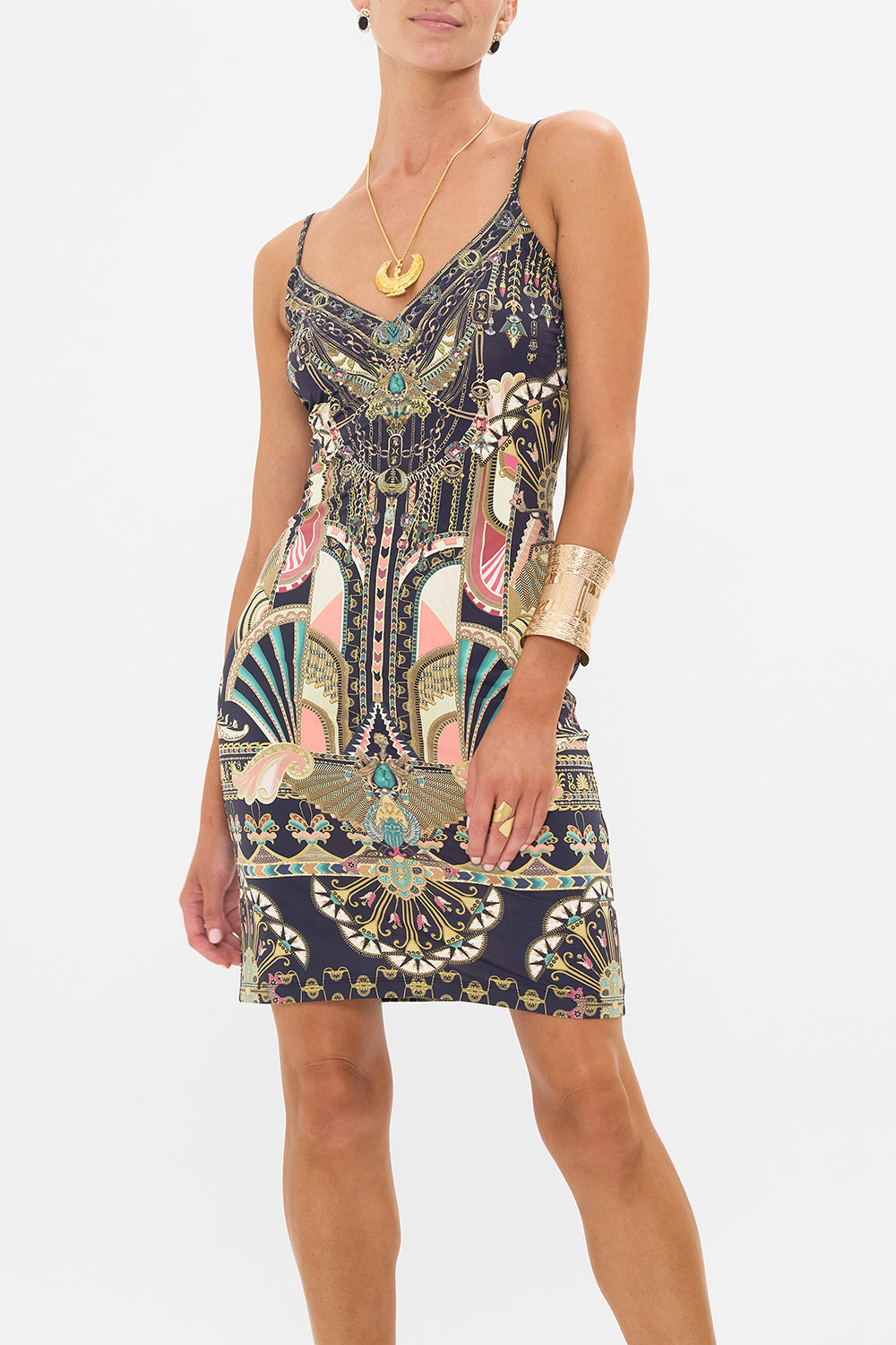 CAMILLA Black/Gold  V-Neck Slip in They Called Her Nefertari print