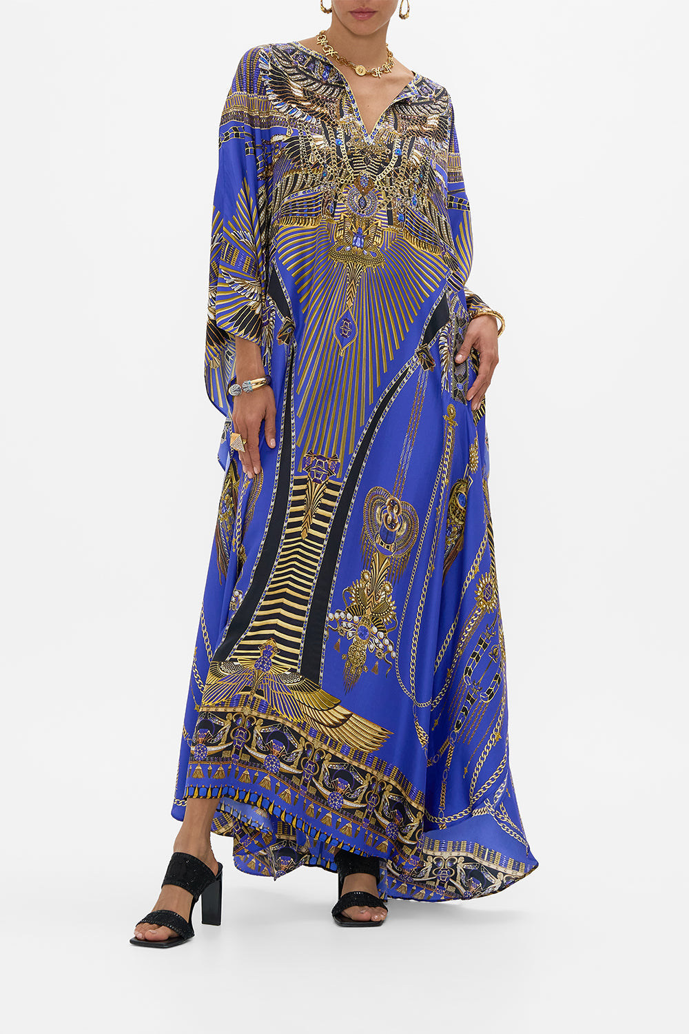 CAMILLA V Neck Kaftan With Front Welt Pockets in My Fair Pharaoh print. 