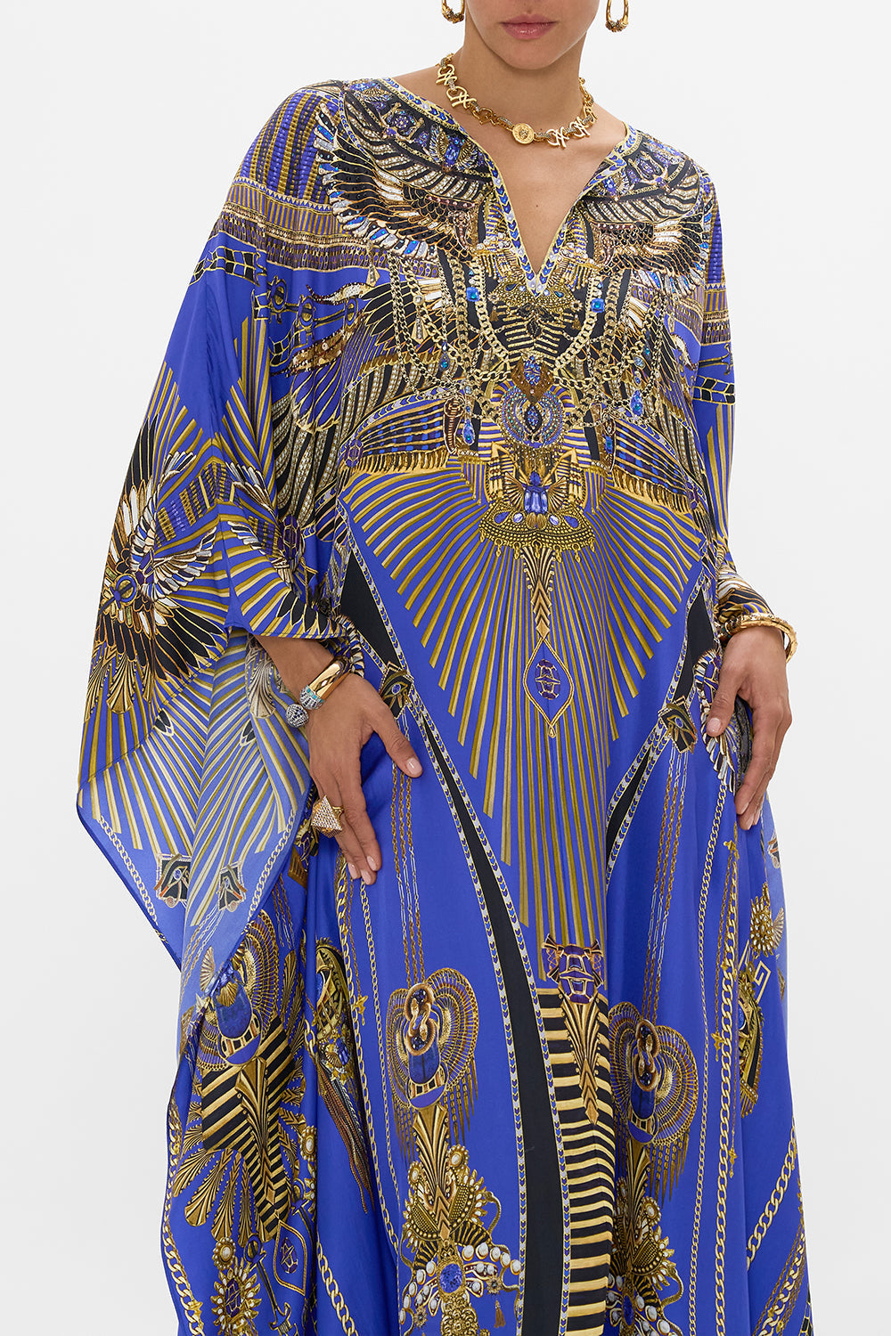 CAMILLA V Neck Kaftan With Front Welt Pockets in My Fair Pharaoh print. 