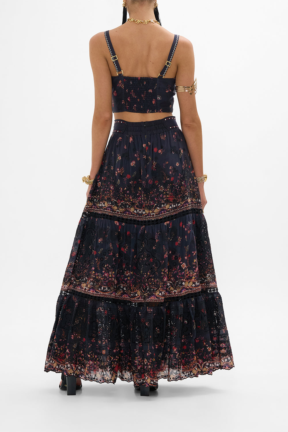 CAMILLA High Waisted Embroidered Tiered Skirt Loom to Tomb print