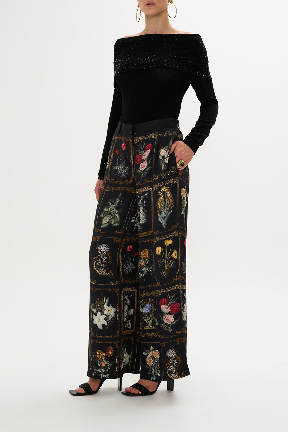 CAMILLA multicolor off-shoulder knit top in Magic In The Manuscripts print.