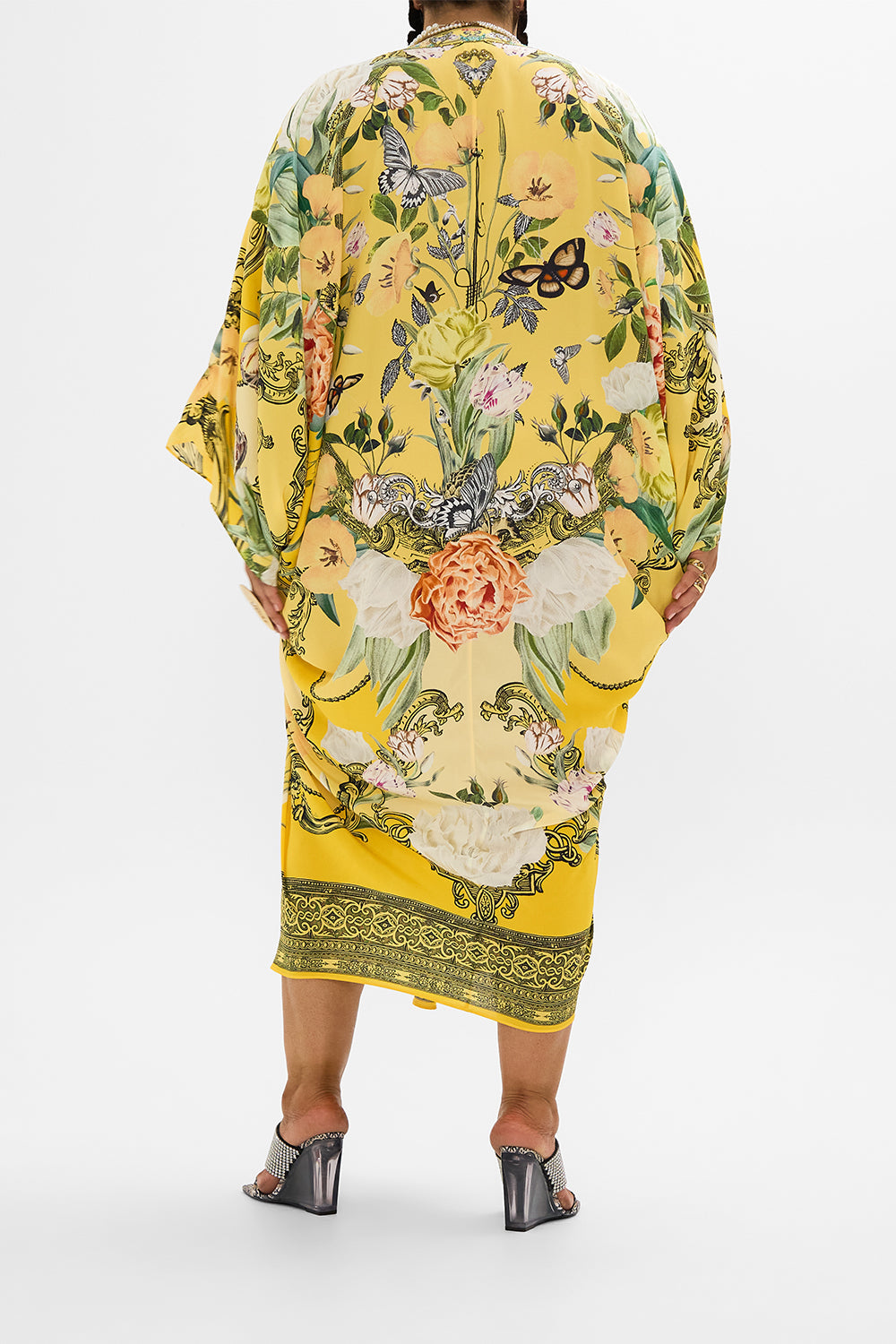 CAMILLA yellow T Shape Long Kaftan in Paths of Gold