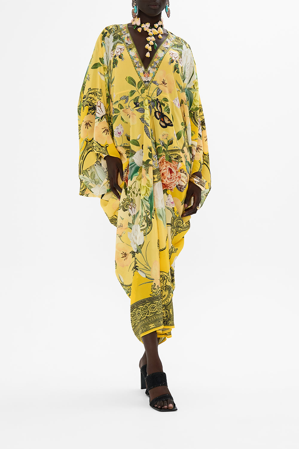 CAMILLA yellow T Shape Long Kaftan in Paths of Gold