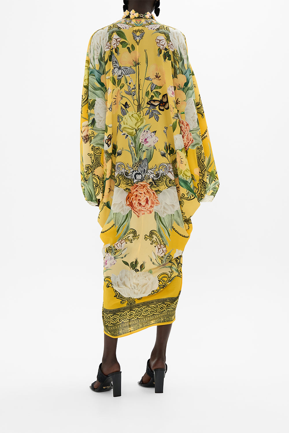 CAMILLA yellow T Shape Long Kaftan in Paths of Gold