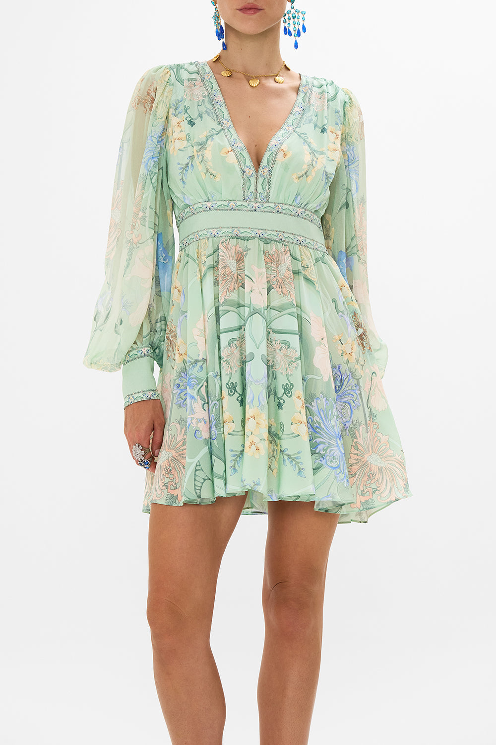 CAMILLA Floral Short Dress with Blouson Sleeve in Dreaming in Dutch