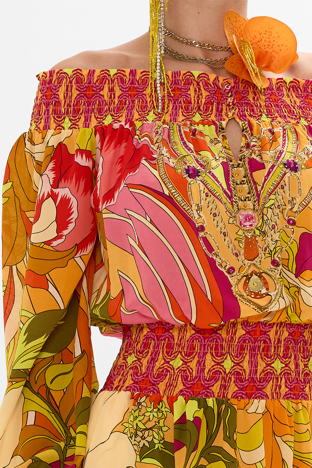 CAMILLA Floral Off Shoulder Short Dress in The Flower Child Society print