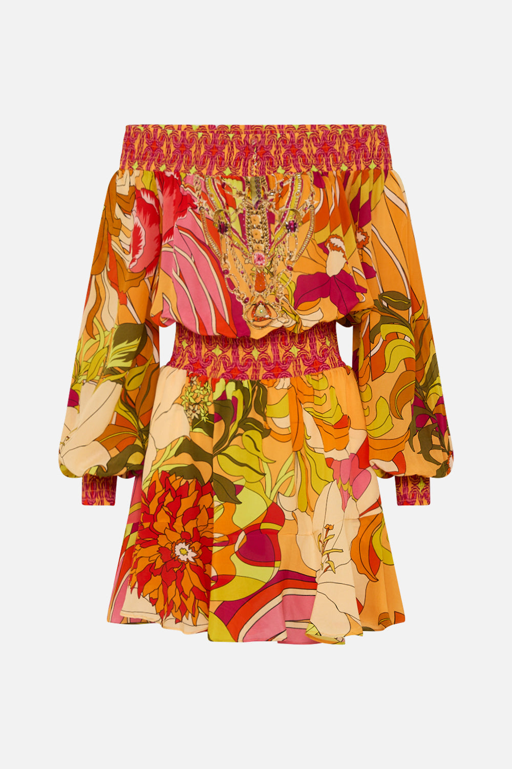 CAMILLA Floral Off Shoulder Short Dress in The Flower Child Society print