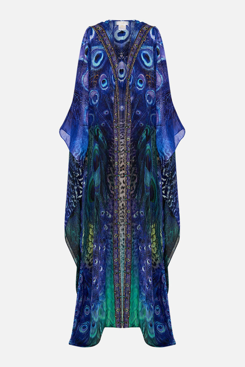 Robe Maxi Caftan Camilla En Soie - Col Rond, Manches Kimono - Blanc Marine Noir Orange