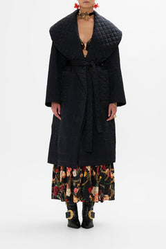 CAMILLA Black Puffer Long Wrap Coat in Magic in the Manuscripts print