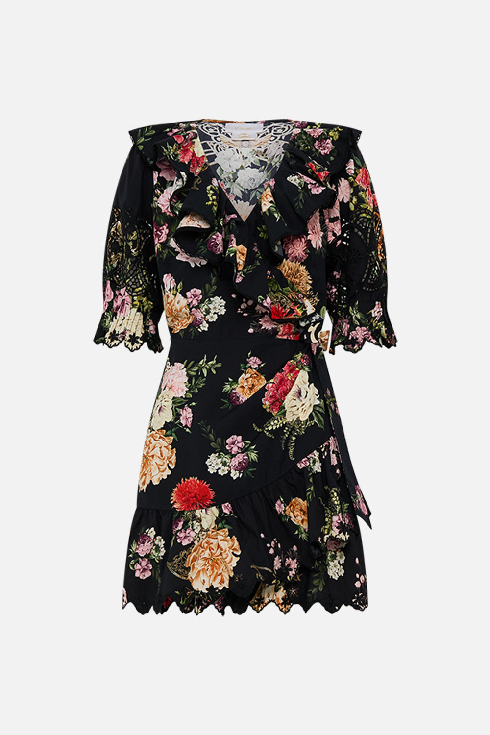 CAMILLA Mini wrap dress with puff sleeve in Adorned in Alexandria print.