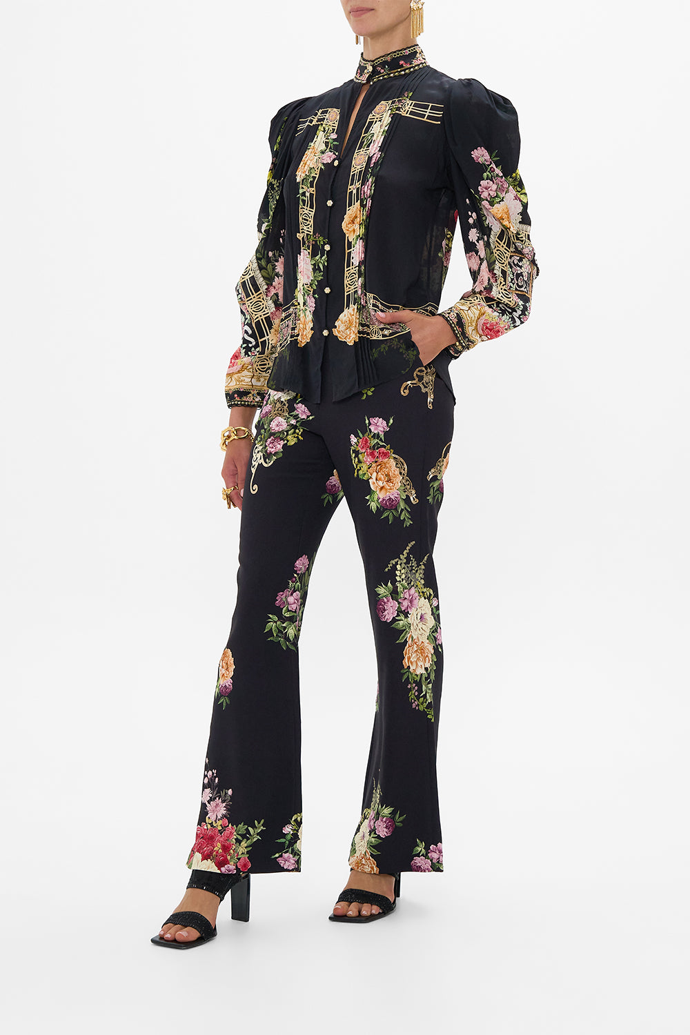 The CAMILLA SLEEVELESS DRAPED T BACK LONG DRESS SAHARA STARLET in our  print.