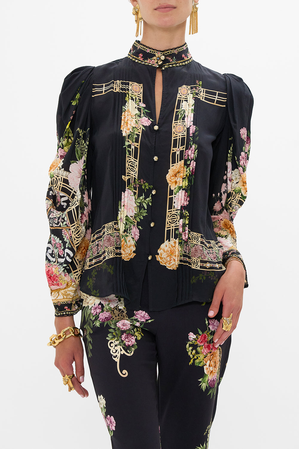 PINTUCK BLOUSE WITH DRAPED SLEEVE ADORNED IN ALEXANDRIA