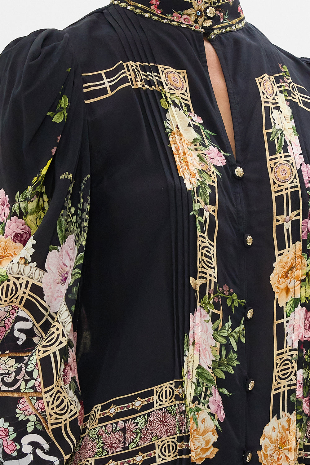 PINTUCK BLOUSE WITH DRAPED SLEEVE ADORNED IN ALEXANDRIA