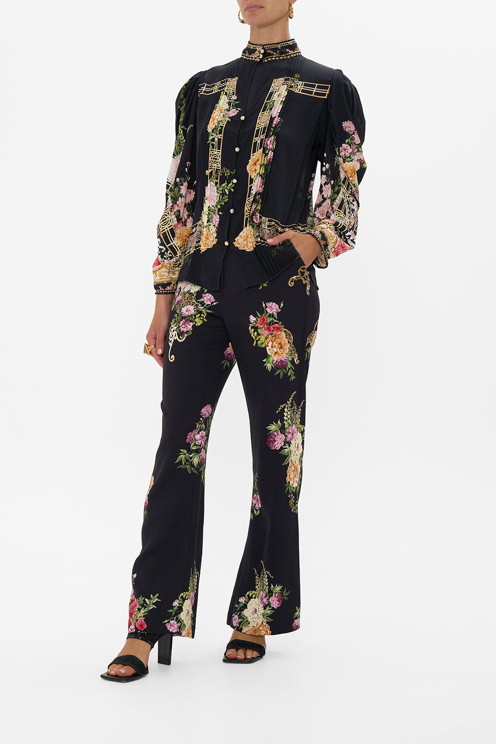 PINTUCK BLOUSE WITH DRAPED SLEEVE ADORNED IN ALEXANDRIA