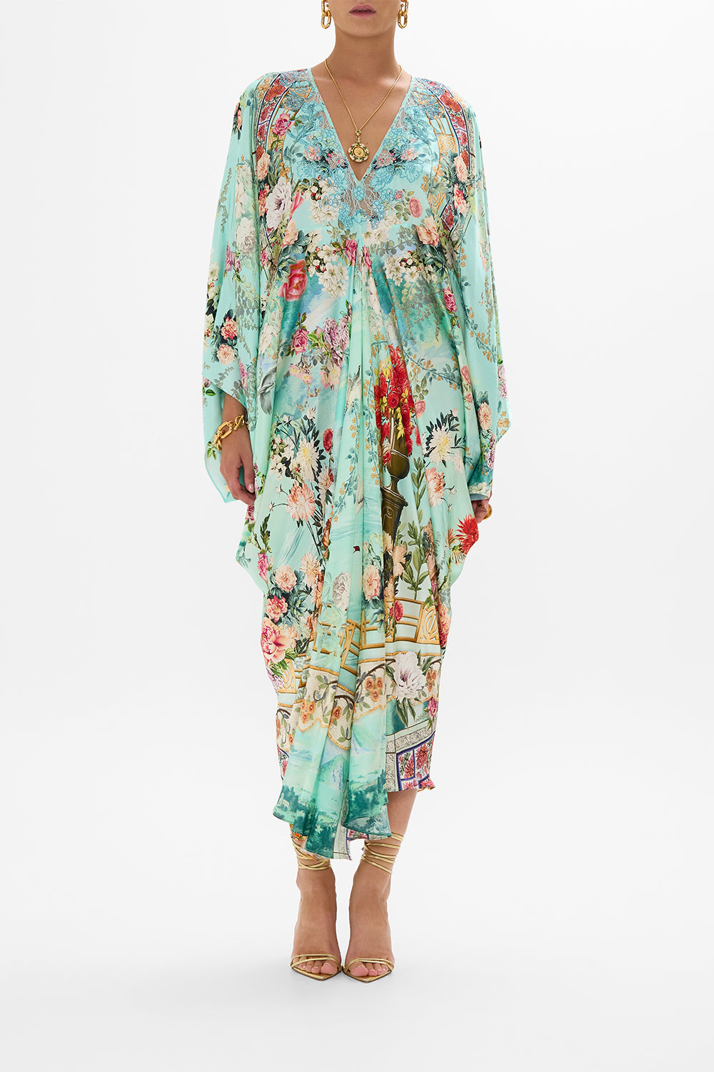 CAMILLA T shape long kaftan in The jewellery museum print.
