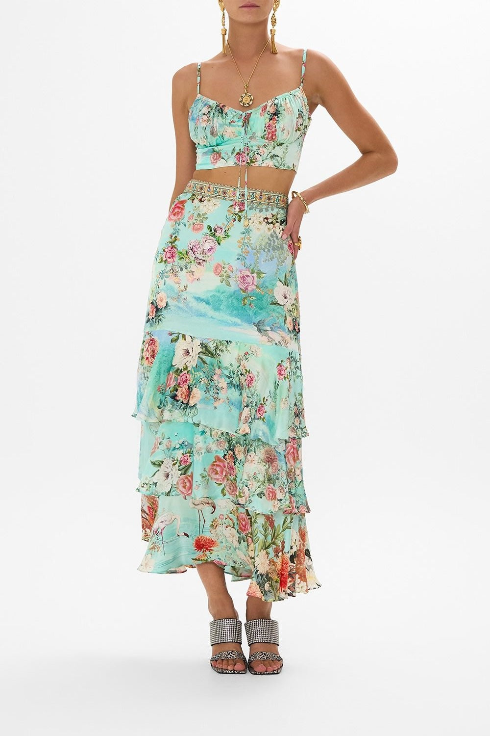 The CAMILLA WIDE LEG WAISTED PANT DEFY GRAVITY in our  print.