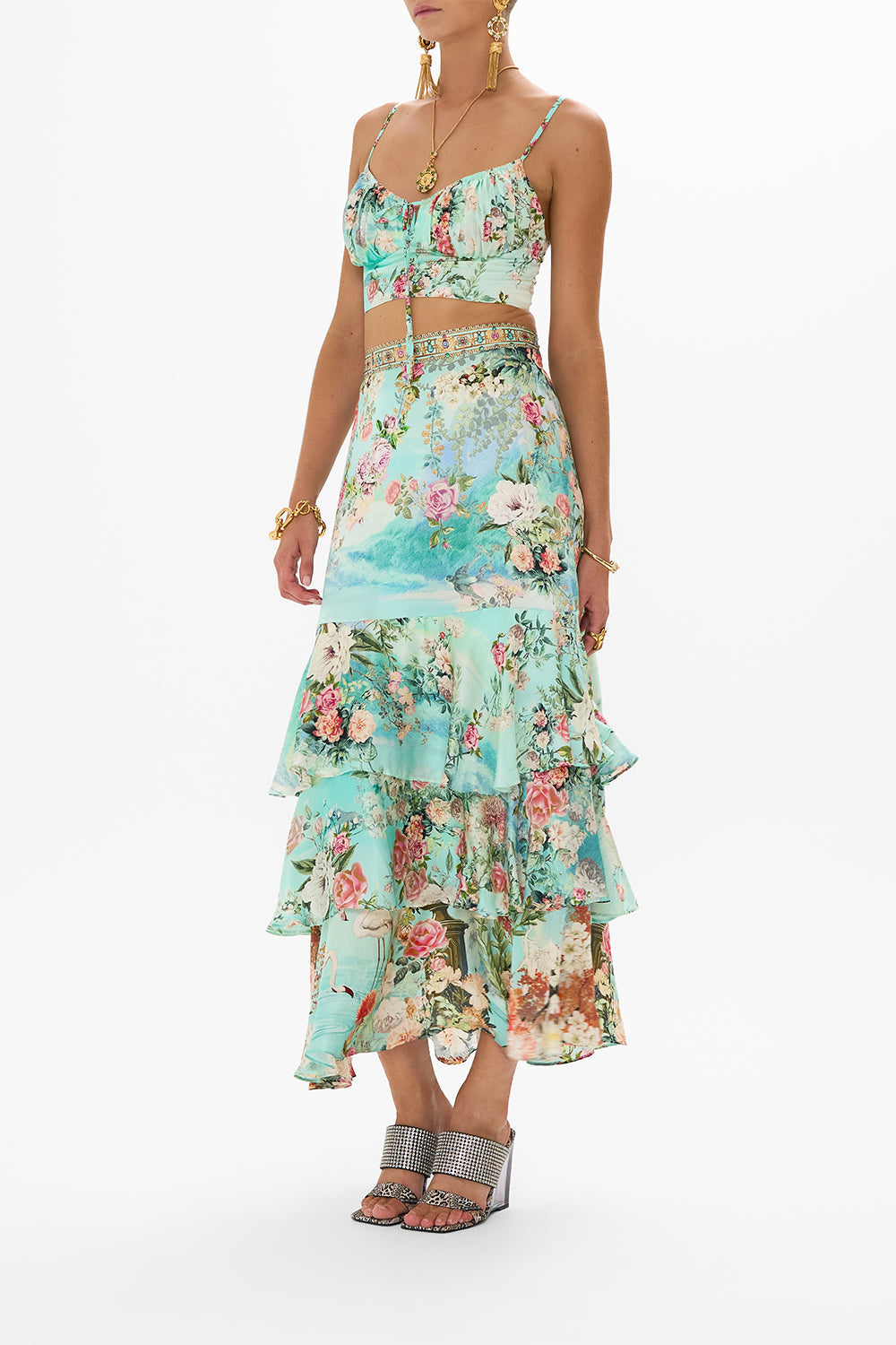 The CAMILLA WIDE LEG WAISTED PANT DEFY GRAVITY in our  print.