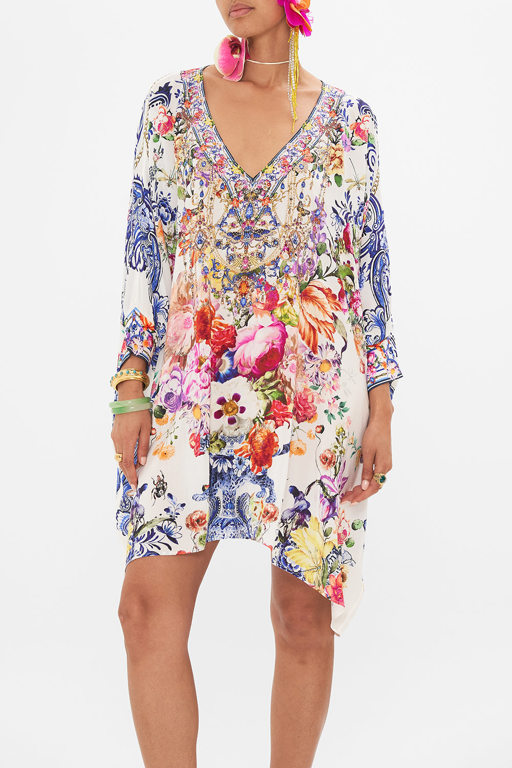 Crop view of model wearing CAMILLA shirt kaftan in Dutch Is Life print