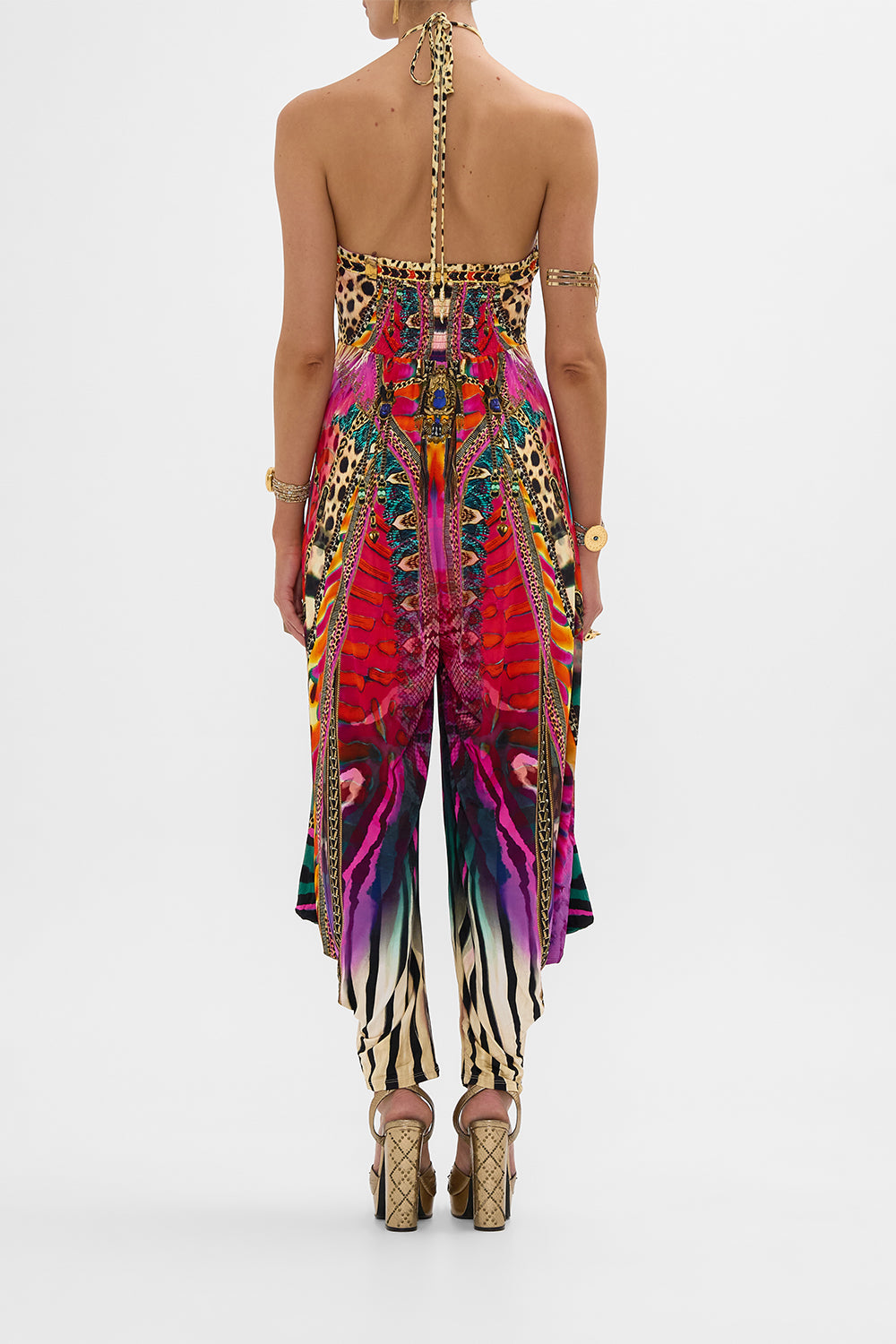 CAMILLA Jersey Draped Pant Jumpsuit with Hardware in Sahara Supernatural print.