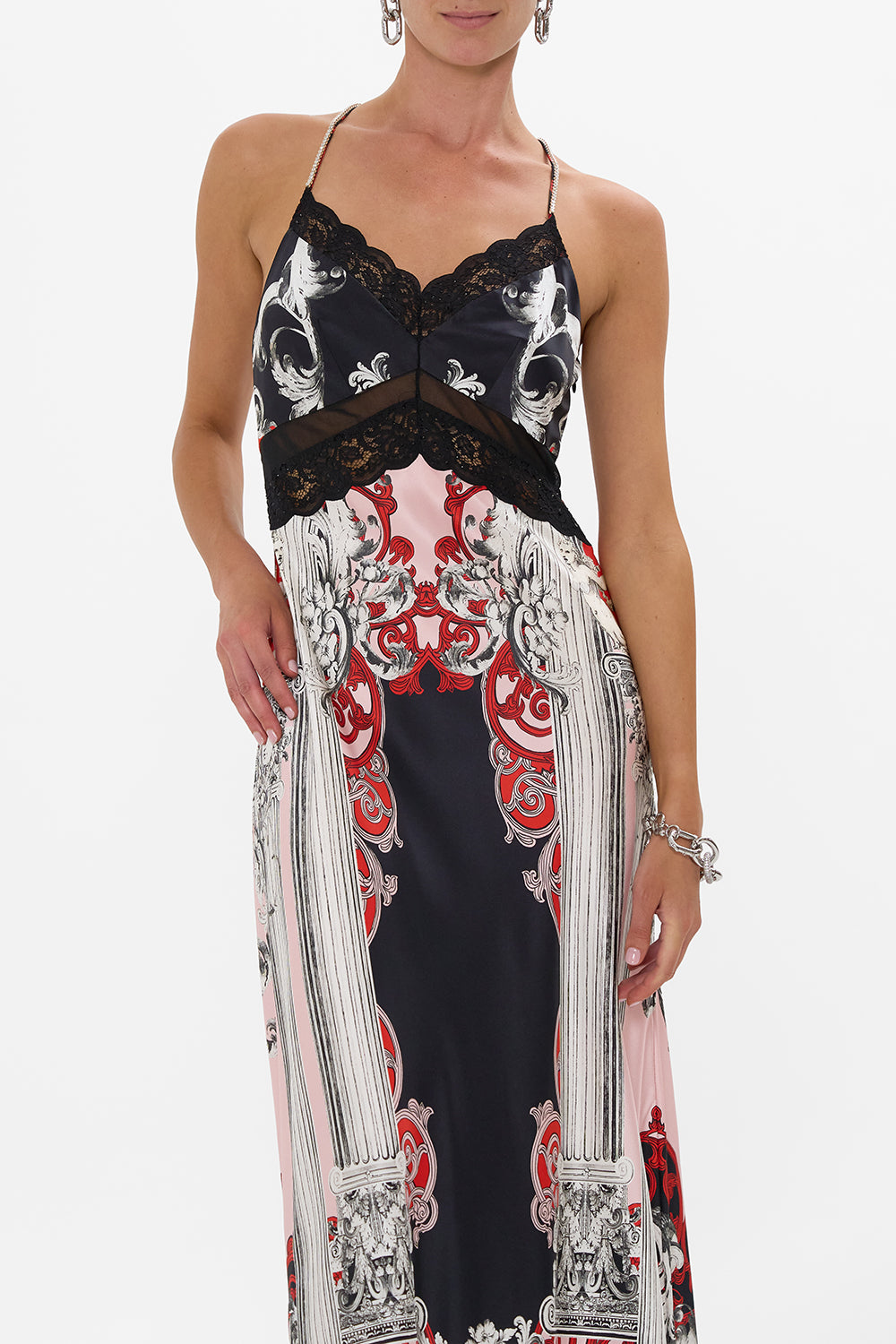 LACE SPLICE BIAS LONG DRESS MARK OF MEDUSA