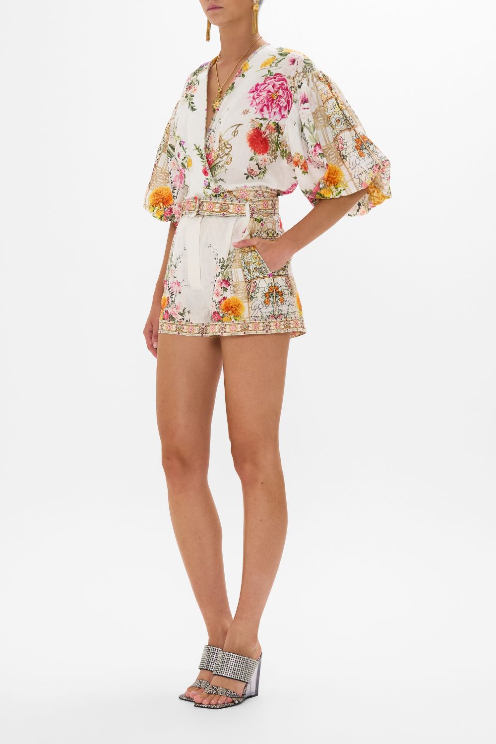 CAMILLA Tie front puff sleeve top in Egyptian rose print.