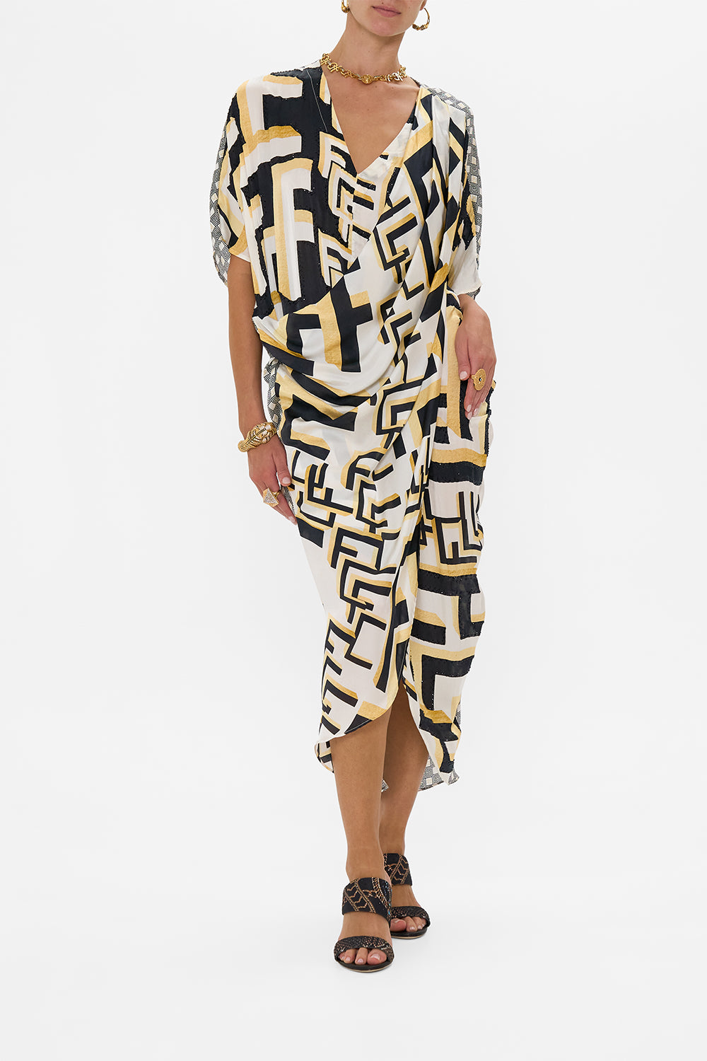 V NECK GATHERED SHOULDER DRAPED KAFTAN TEMPLES DENDARA