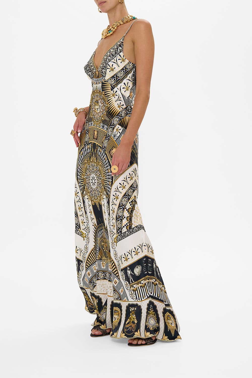 V NECK LONG BIAS SLIP DRESS WITH TRAIN TEMPLES OF DENDARA