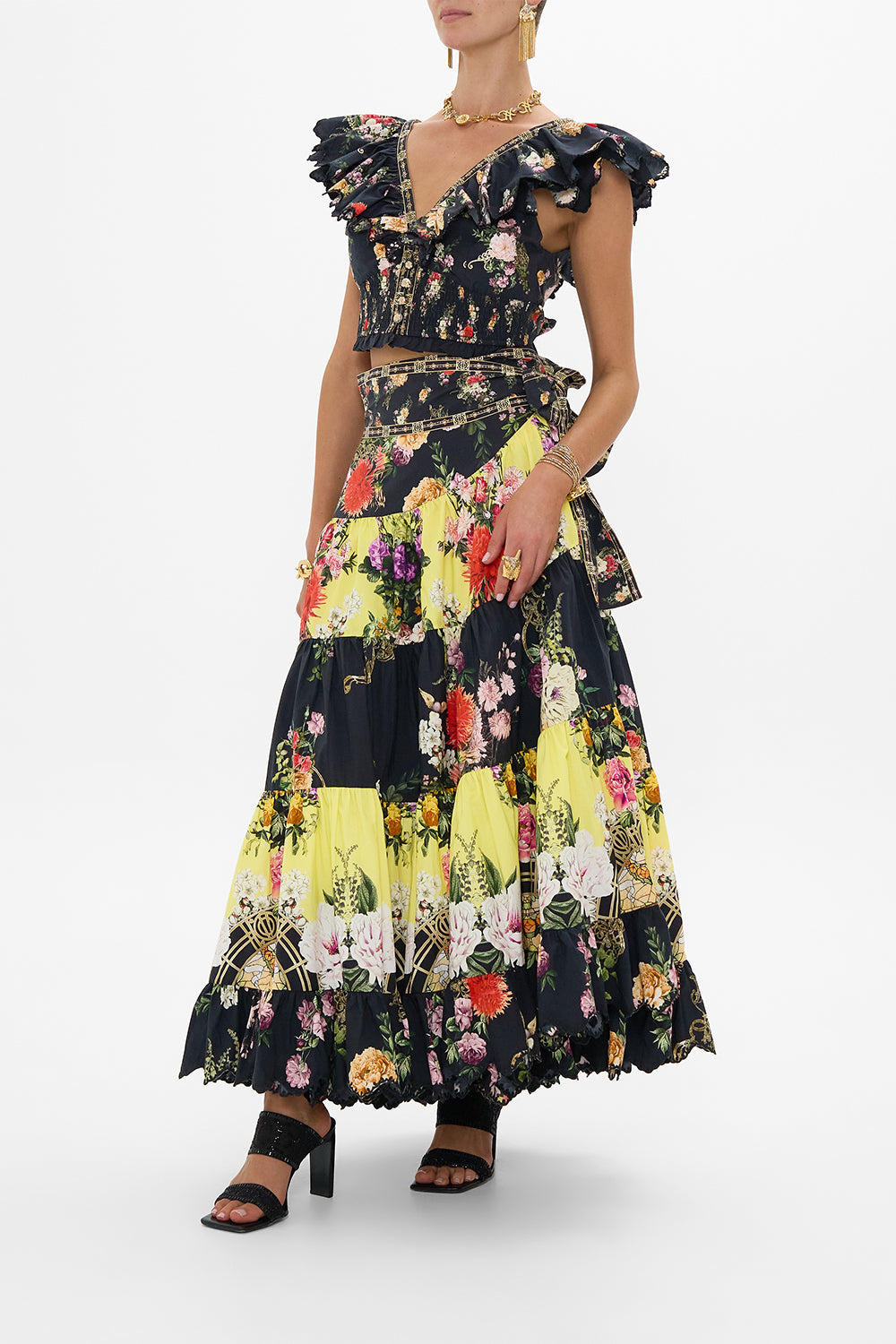 DEEP V FRILL SHORT SLEEVE TOP ADORNED IN ALEXANDRIA