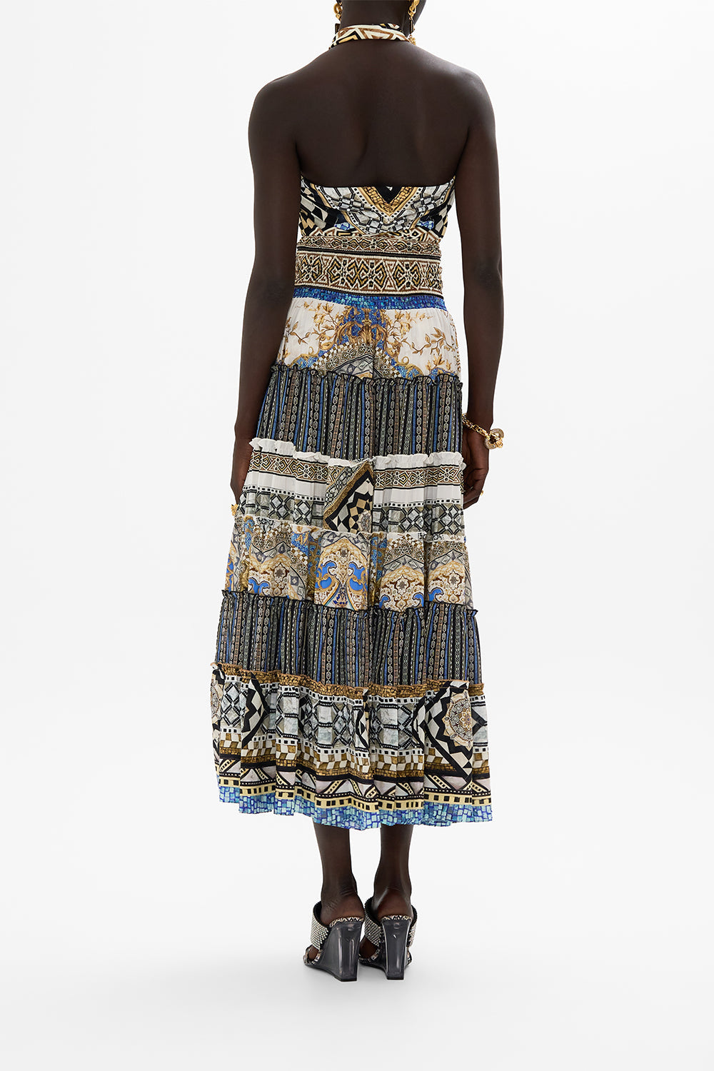 CAMILLA Draped Jersey Halter Top in Make Me Your Mosaic Print