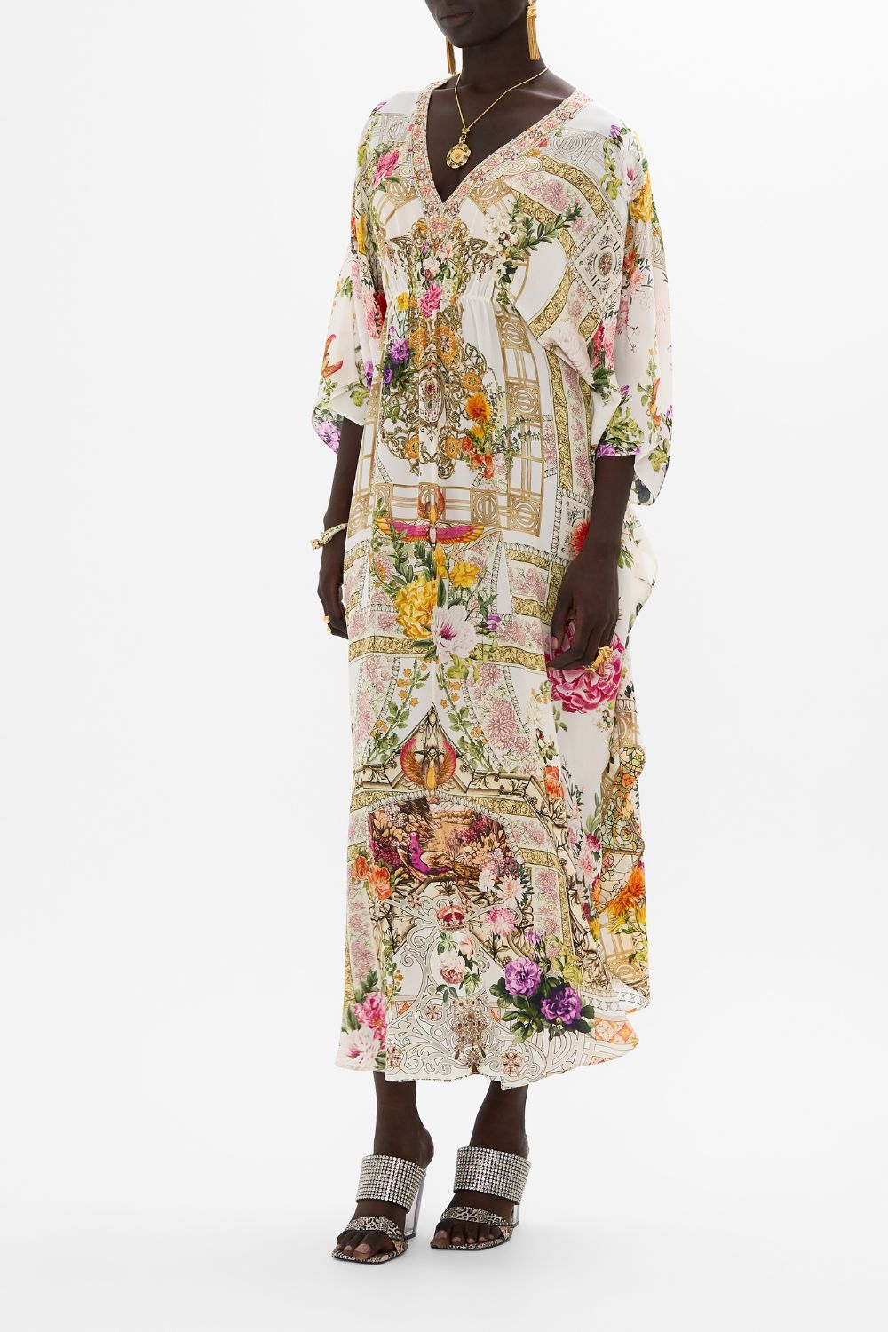 CAMILLA Gathered waist kaftan in Egyptian rose print.