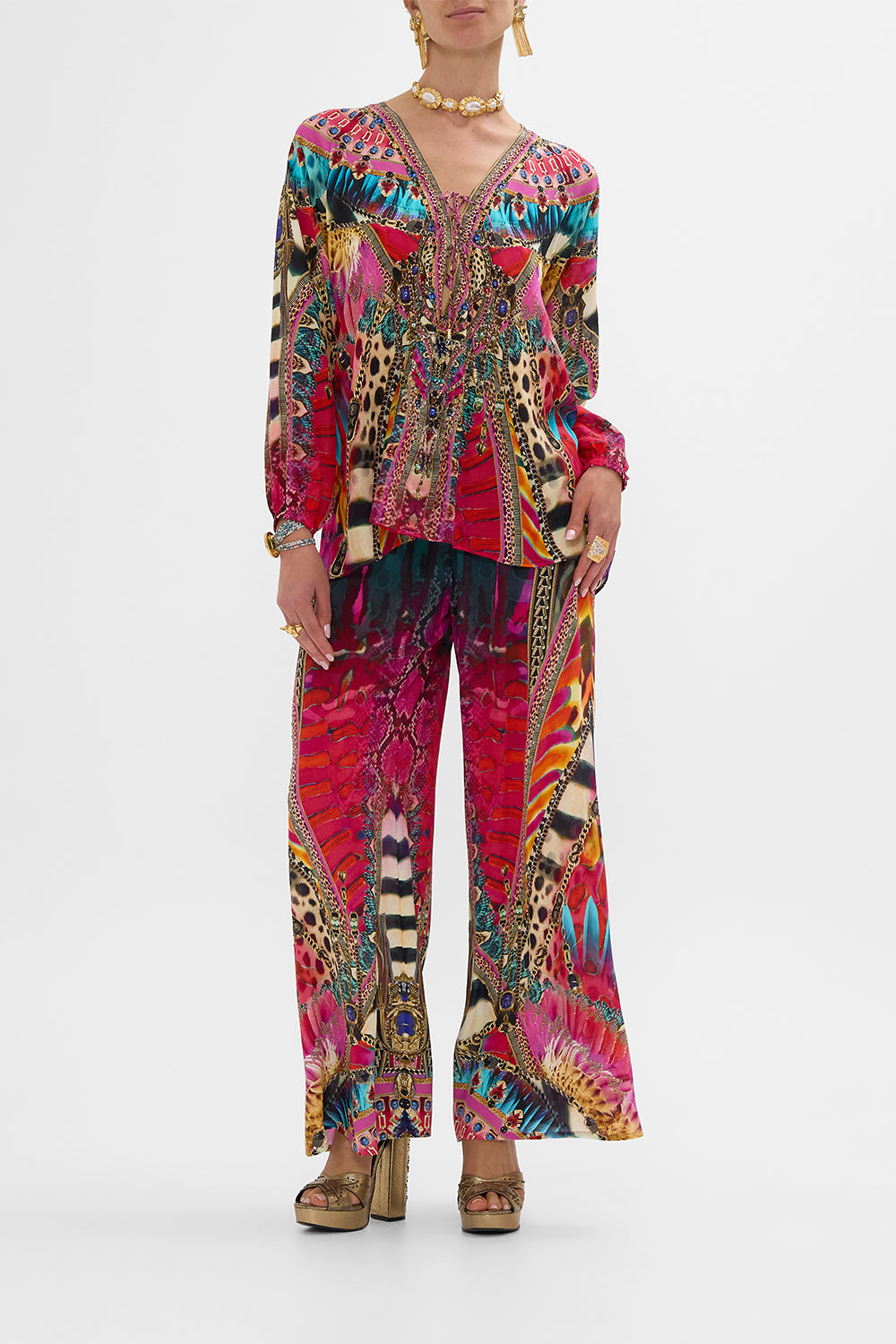 CAMILLA Lace Up Blouse in Sahara Supernatural print.