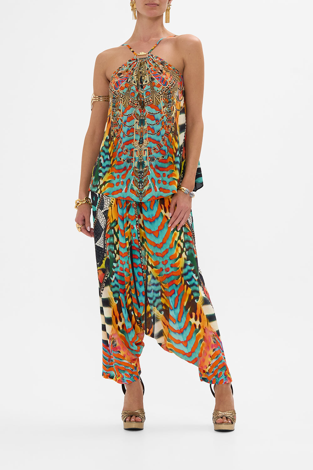 CAMILLA Gather Neck Hardware Top in Desert Visions print.