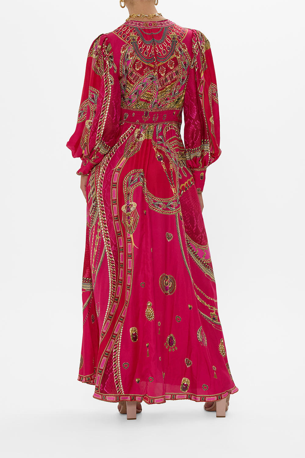 SHAPED WAISTBAND DRESS WITH GATHERED SLEEVES KISSED BY A COBRA