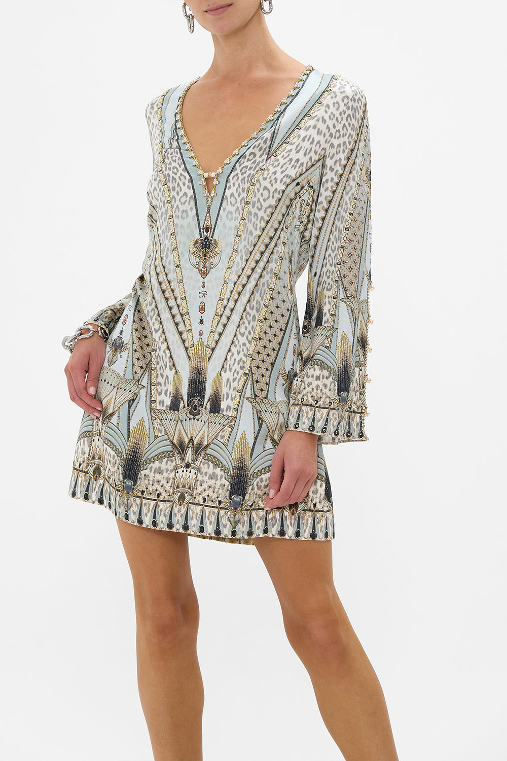 LONG SLEEVE DEEP V SHORT DRESS SAHARA STARLET