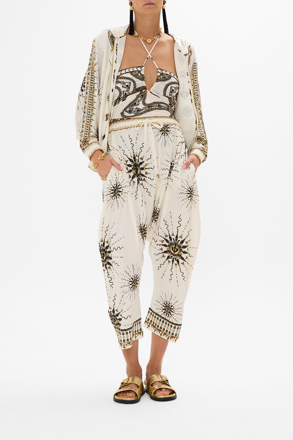 The CAMILLA SHORT V NECK EMBROIDERED DRESS RAINBOW ROADS in our  print.