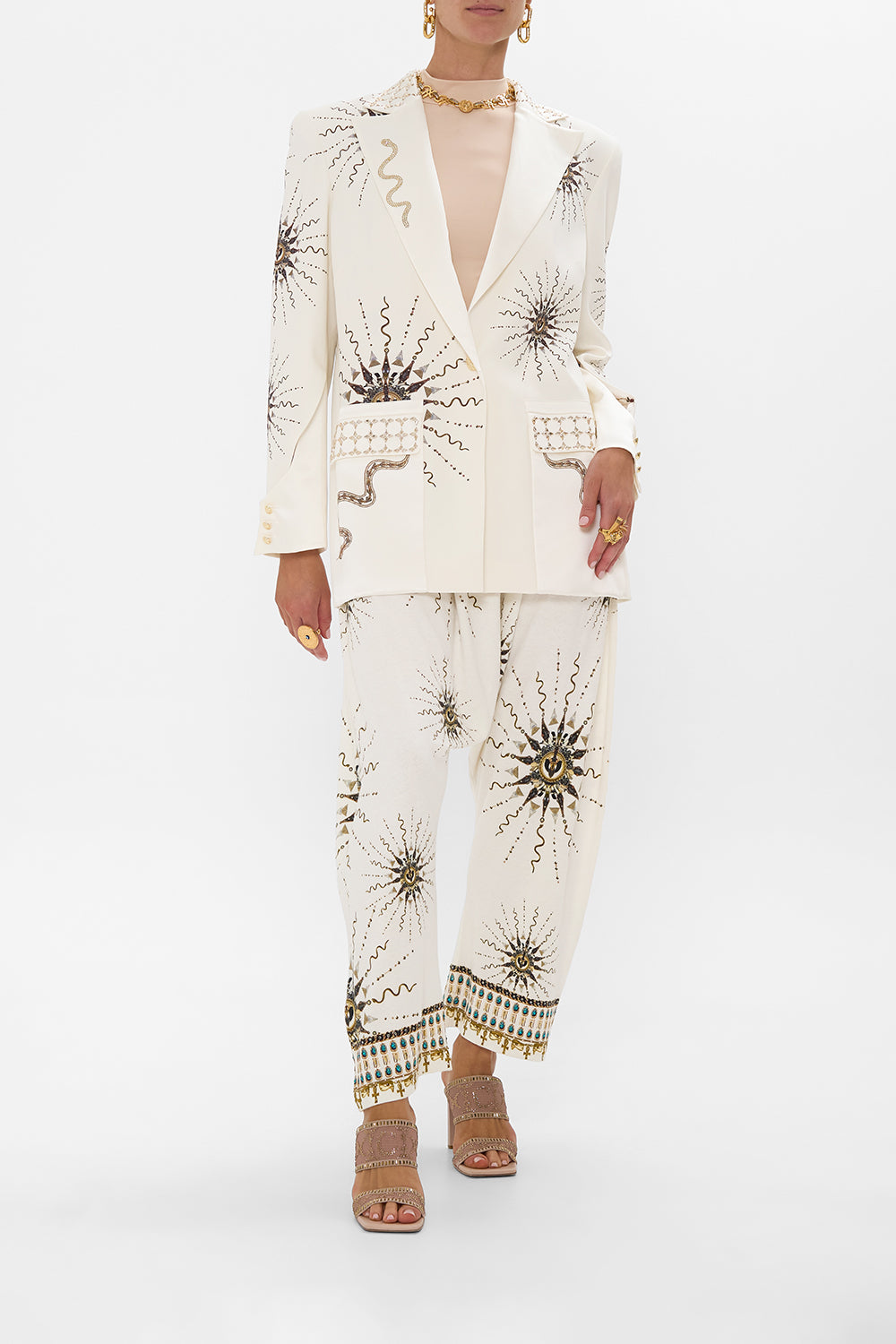 The CAMILLA SHORT V NECK EMBROIDERED DRESS RAINBOW ROADS in our  print.