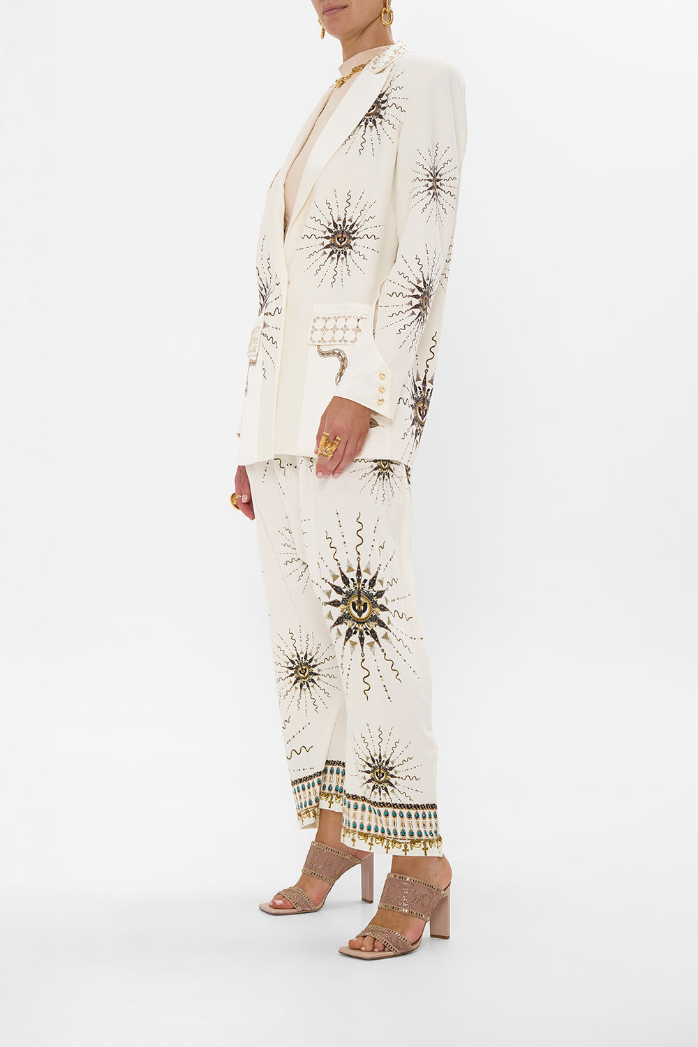 The CAMILLA SHORT V NECK EMBROIDERED DRESS RAINBOW ROADS in our  print.