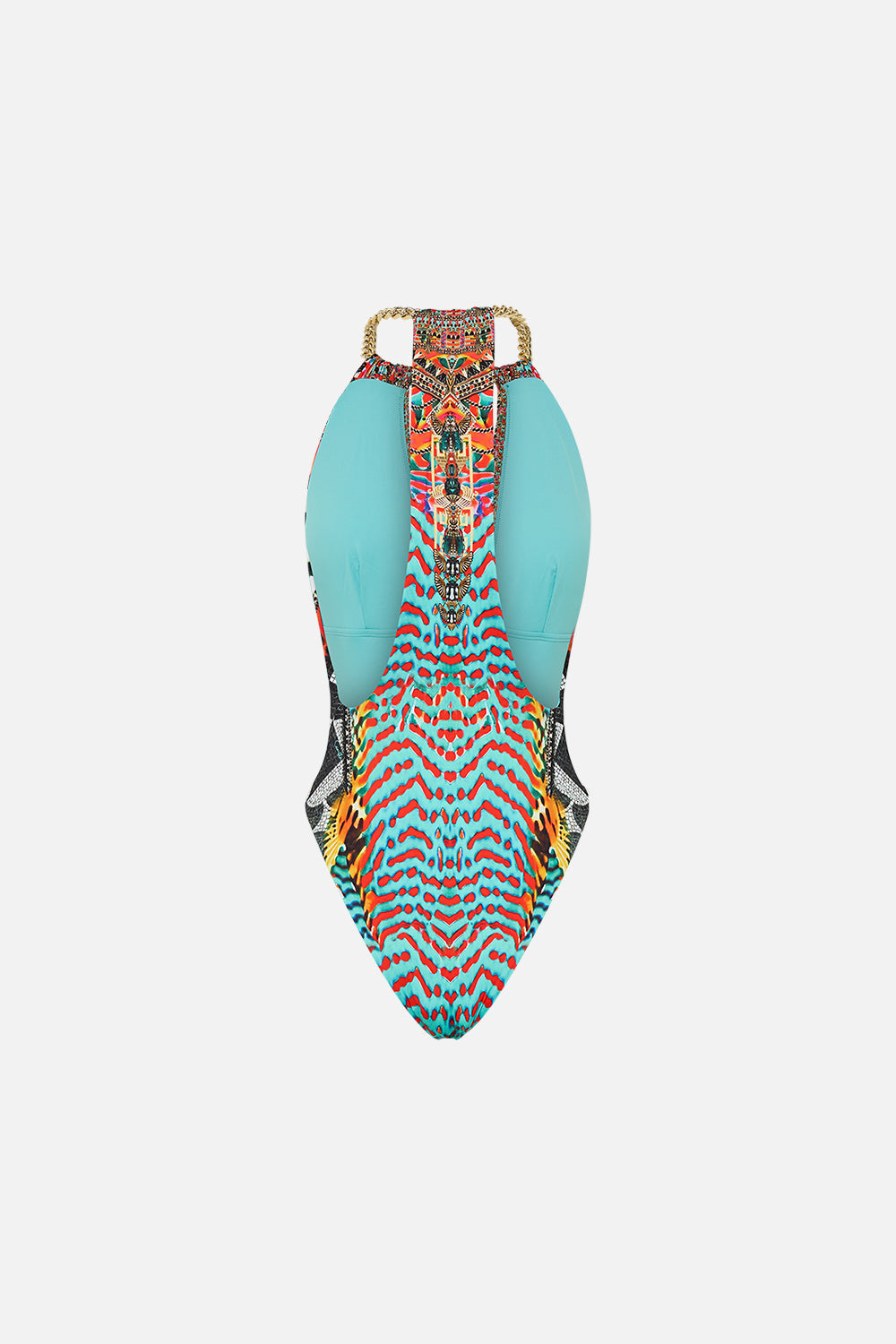 CAMILLA Chain Neck Plunge One Piece in Desert Visions print. 