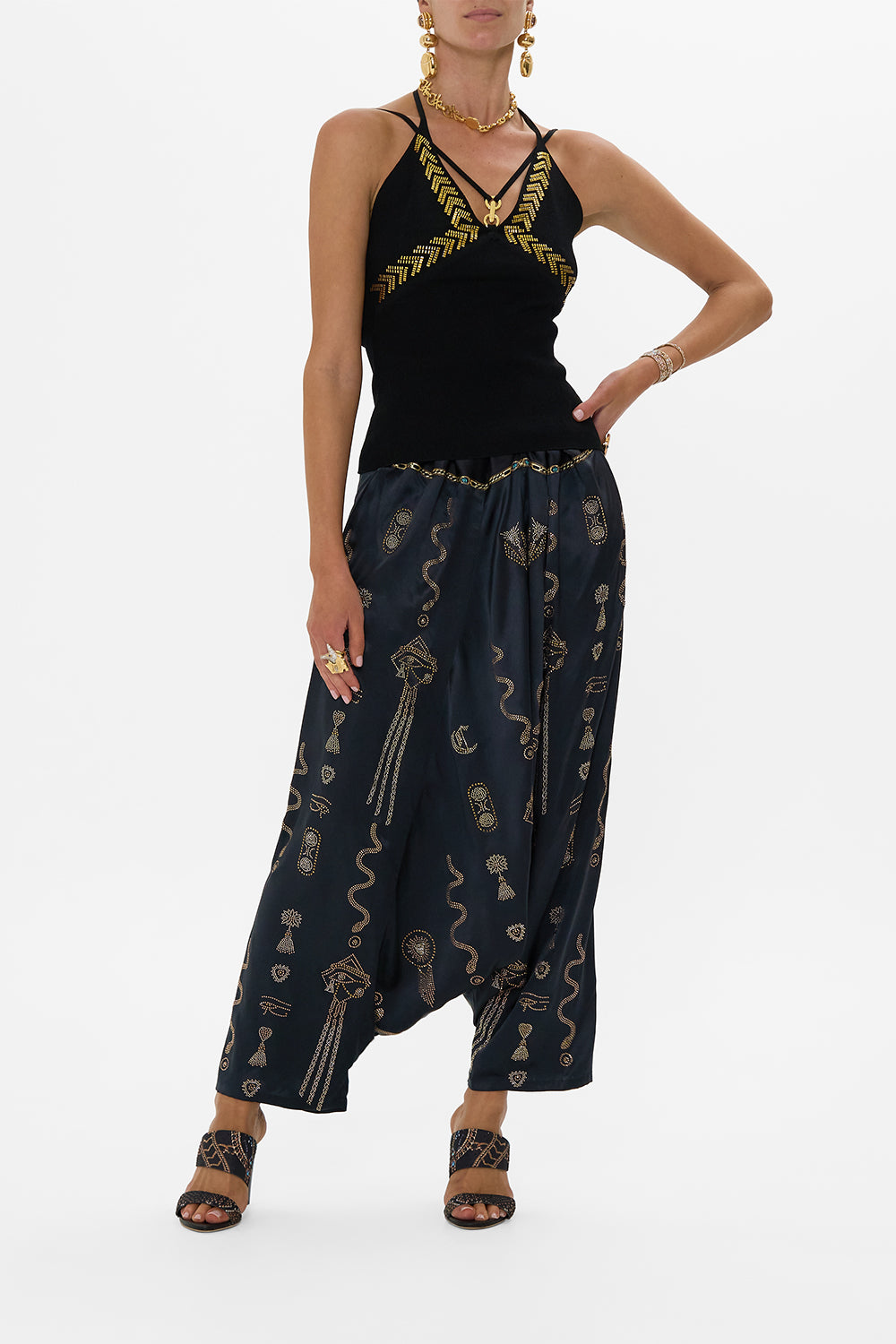The CAMILLA LONG SPLIT FRONT TWIST JERSEY DRESS LUXORLAND LADY in our  print.