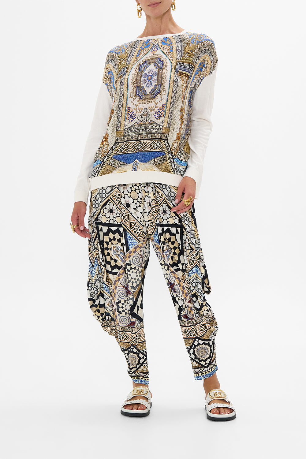 The CAMILLA OVERSIZED CROPPED TEE WITH SILK DETAILS DEFY GRAVITY in our  print.